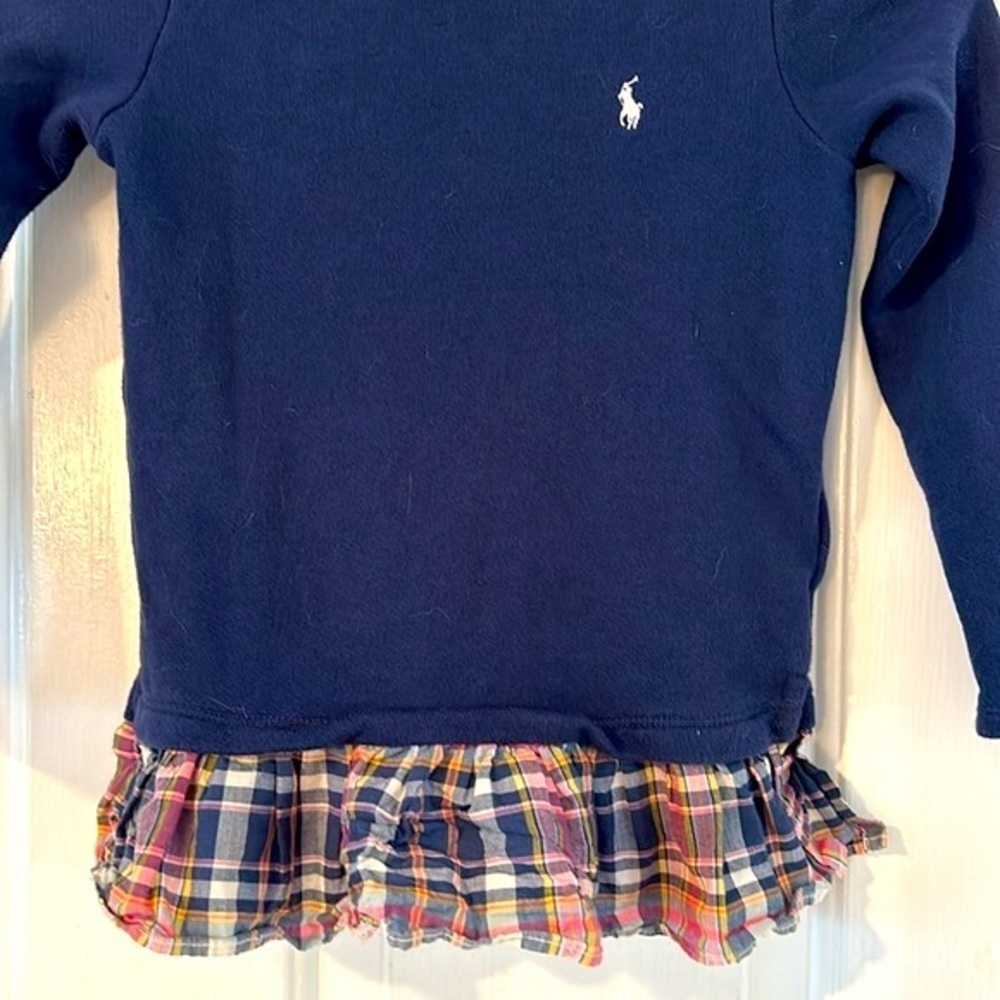 Girl’s Polo Ralph Lauren Blue Long Sleeve Sweatshirt with Plaid Ruffle Bottom - Picture 3 of 6